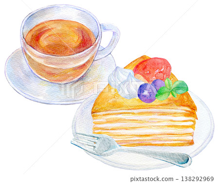 Watercolor illustration, hand-drawn illustration, set of mille-crêpe cake and drink. 138292969