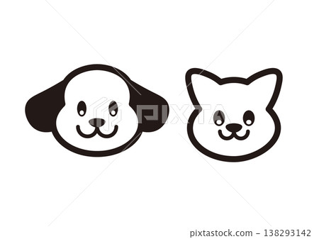 狗和貓的臉部插圖，微笑的寵物圖標，簡單的動物臉部圖案集 138293142