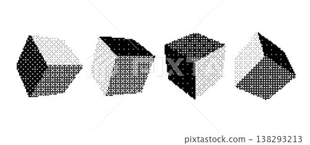 Pixelated cube shape set. Bitmap 3D square form collection. Dither element pack for graphic design, banner, poster, leaflet. Halftone cubes with rasterized effect. Vector pixel Y2K geometric bundle Pixelated cube shape set. Bitmap 3D square form collection. Dither element pack for graphic design, banner, poster, leaflet. Halftone cubes with rasterized effect. Vector pixel Y2K geometric bundle 138293213