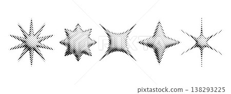 Halftone bitmap stars set. Pixelated comic burst and sparkle for poster, banner, flyer, collage, sticker. 3d dotted grain star shape collection. 8 bit grunge element bundle. Vector graphic design pack 138293225