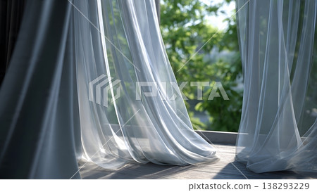 Lightweight sheer curtains gracefully billowing in a gentle breeze, seen from inside looking out at lush green trees. Lightweight sheer curtains gracefully billowing in a gentle breeze, seen from inside looking out at lush green trees. 138293229