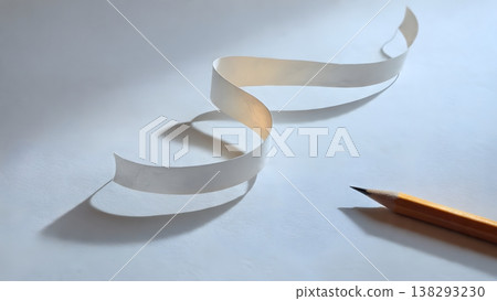 A pencil poised next to a curling paper ribbon, symbolizing creativity, ideas, and the start of a project. 138293230