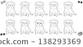 一組描繪不同表情的坐姿巴哥犬的線條藝術插圖。 138293369