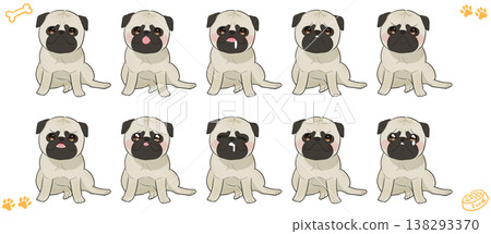 A set of illustrations of sitting pugs with various expressions. A set of illustrations of sitting pugs with various expressions. 138293370