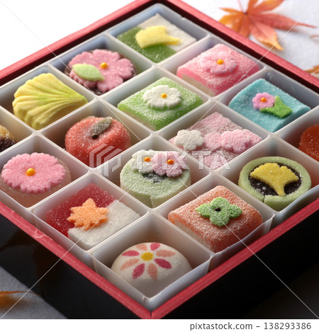 A group photo of colorful seasonal Japanese sweets 138293386