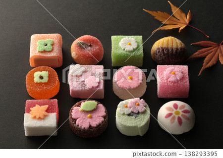 A group photo of colorful seasonal Japanese sweets 138293395