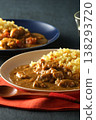 A close-up of chicken and beef curry with plenty of meat, served over saffron rice. 138293720