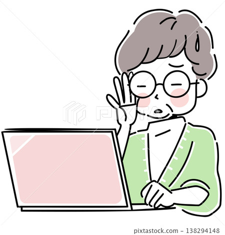 A senior woman with presbyopia operating a laptop computer. 138294148