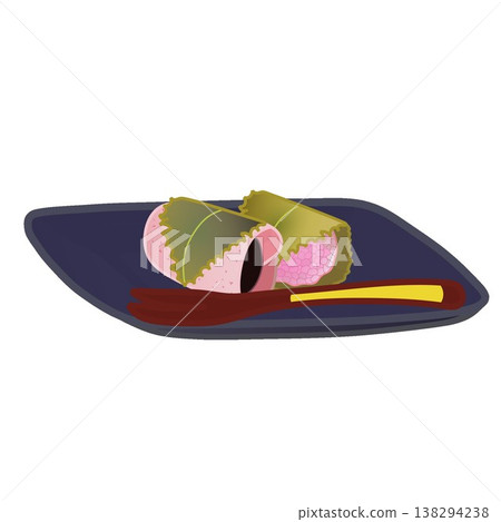An illustration of a sakura mochi on a plate 138294238