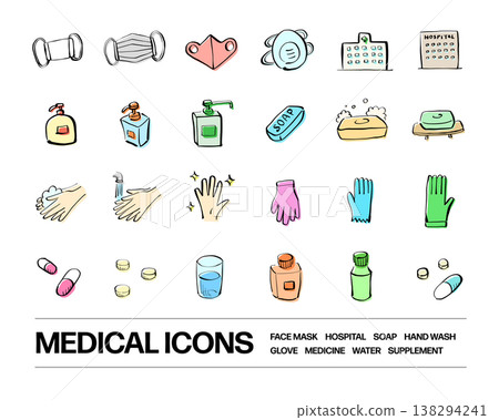 A set of medical and health icons including masks, hospitals, soap, and medicine. 138294241