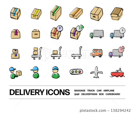 Delivery-related icons such as cardboard boxes and trucks. Delivery-related icons such as cardboard boxes and trucks. 138294242