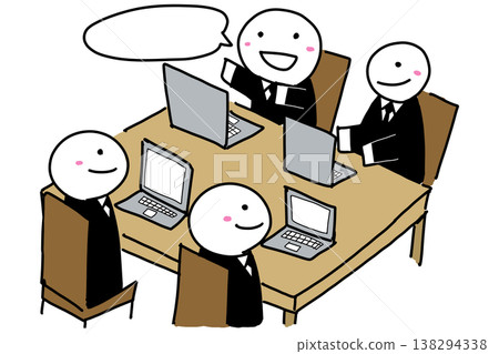 Hand-drawn illustration of a meeting (conference, smiles, dialogue) (Variation 2) 138294338