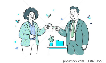 A business person exchanging business cards with a smile and politeness. 138294553