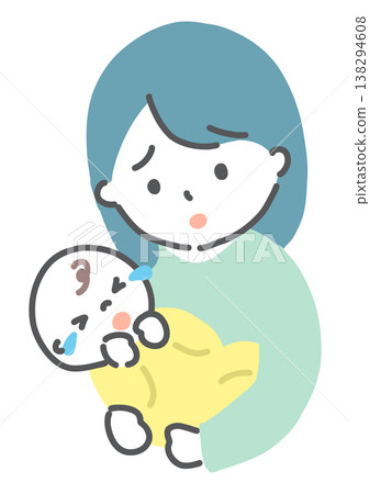 一位母親抱著嬰兒，臉部表情採用手繪風格插圖。 138294608