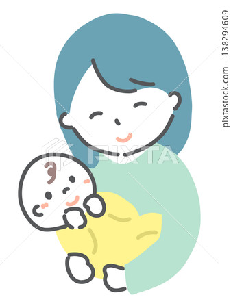 A mother holding a baby, with a hand-drawn style illustration of her facial expression. A mother holding a baby, with a hand-drawn style illustration of her facial expression. 138294609