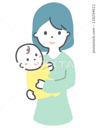 A smiling woman holding a baby, front view, hand-drawn style illustration. 138294611