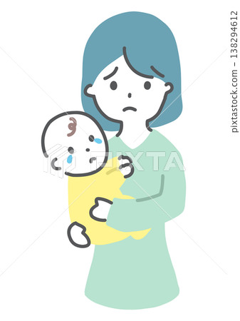 一位抱著嬰兒的女子，神情憂慮，正面視角，手繪風格插圖。 138294612