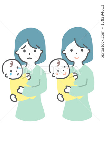 A woman holding a baby, front view, hand-drawn style illustration. A woman holding a baby, front view, hand-drawn style illustration. 138294613