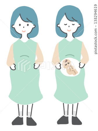 Illustration of a pregnant woman, front view, showing a baby inside her belly. 138294619