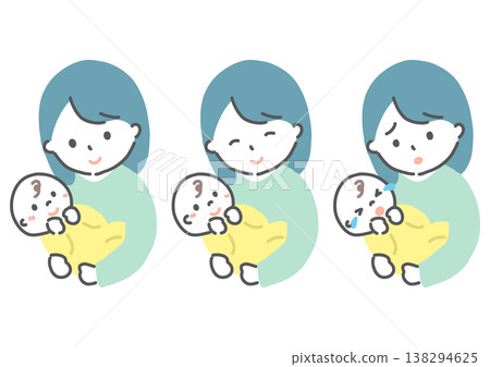 母親抱著嬰兒，各種表情，手繪風格插圖 138294625