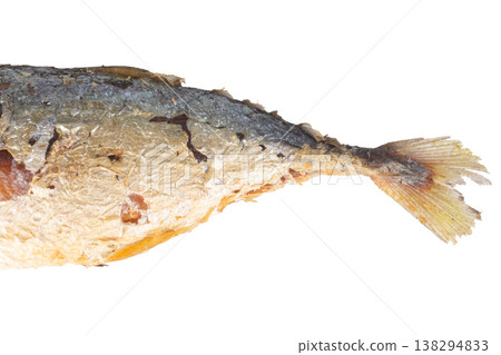 Fried mackerel on a white background closeup tail 138294833