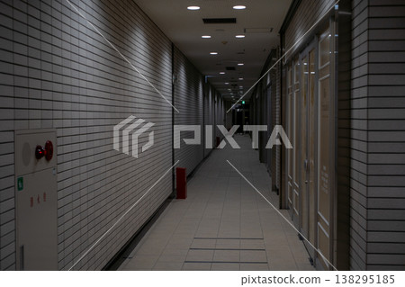 A symmetrical composition of a quiet underground passage with its shutters closed. 138295185