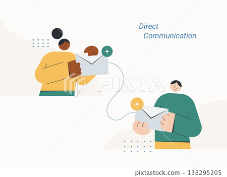 Flat style illustration of two diverse person sending and receiving envelope messages connected by a line, representing direct communication, email exchange and correspondence concept. Flat style illustration of two diverse person sending and receiving envelope messages connected by a line, representing direct communication, email exchange and correspondence concept. 138295205