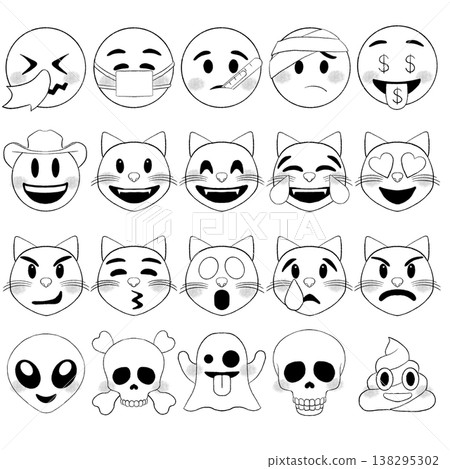 A set of icons featuring ghosts, cats, and faces with various expressions. A set of icons featuring ghosts, cats, and faces with various expressions. 138295302