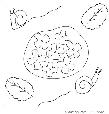 A simple, hand-drawn illustration of hydrangeas and a snail. A simple, hand-drawn illustration of hydrangeas and a snail. 138295640