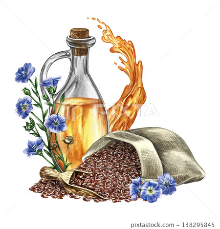 Flaxseed oil. Hand-drawn watercolor illustration. Flaxseed in burlap, wooden scoop, blue flax flowers, glass bottle of oil, and a splash of oil. For label design, packaging, banners, posters, and more 138295845