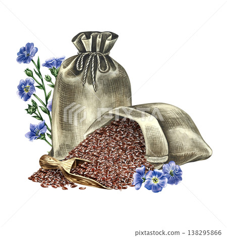 Flaxseed in a burlap bags and wooden scoop and blue flax flowers. Hand-drawn watercolor illustration. Element of design for labels and packaging, as well as banners, posters, and more. Flaxseed in a burlap bags and wooden scoop and blue flax flowers. Hand-drawn watercolor illustration. Element of design for labels and packaging, as well as banners, posters, and more. 138295866