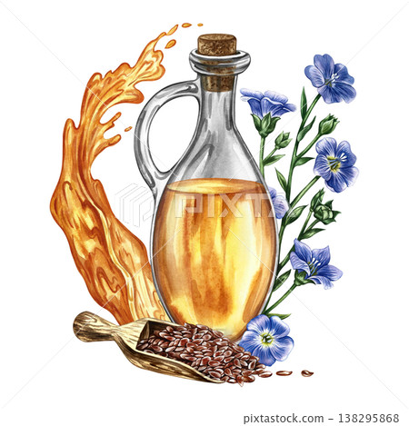 Flaxseed oil. Hand-drawn watercolor illustration. Glass bottle with oil, oil splashes, flax seeds in a wooden scoop, and flax flowers. Element of label and packaging design, banners, posters, and more 138295868