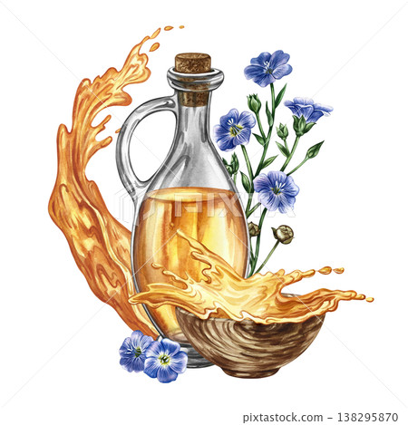 Flaxseed oil. Hand-drawn watercolor illustration. Glass bottle of oil, splash of oil in a wooden cup, and flax flowers. Element of label and packaging design, banners, posters, and more. 138295870