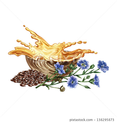 Flaxseed oil. Hand-drawn watercolor illustration. A handful of flaxseed, flax flowers, and a splash of oil in a cup. An element of label and packaging design, banners, posters, and more. Flaxseed oil. Hand-drawn watercolor illustration. A handful of flaxseed, flax flowers, and a splash of oil in a cup. An element of label and packaging design, banners, posters, and more. 138295873