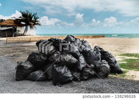 Pile of garbage bags collected after beach cleanup near Lamai beach Koh Samui Thailand 138296026