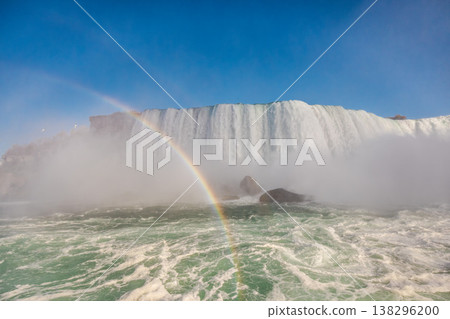 Niagara Falls waterfall with rainbow in mist and powerful flowing water Niagara Falls waterfall with rainbow in mist and powerful flowing water 138296200
