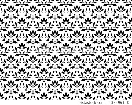 Wallpaper in the style of Baroque. White and black floral ornament. Seamless vector background. Graphic pattern for fabric, wallpaper, packaging. Ornate Damask flower illustration. Wallpaper in the style of Baroque. White and black floral ornament. Seamless vector background. Graphic pattern for fabric, wallpaper, packaging. Ornate Damask flower illustration. 138296338