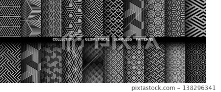 Geometric set of seamless black and gray patterns. Simple vector graphics 138296341