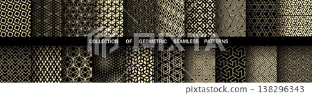 Geometric set of seamless black and golden patterns. Simple vector graphics 138296343