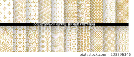 Geometric floral set of seamless patterns. White and golden vector backgrounds. Damask graphic ornaments Geometric floral set of seamless patterns. White and golden vector backgrounds. Damask graphic ornaments 138296346