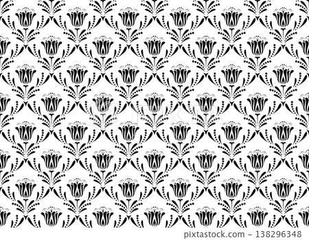 Floral pattern. Seamless vector background. Vintage wallpaper in the Baroque style. White and black ornament for fabric, wallpaper, packaging. Ornate Damask flower illustration. Floral pattern. Seamless vector background. Vintage wallpaper in the Baroque style. White and black ornament for fabric, wallpaper, packaging. Ornate Damask flower illustration. 138296348