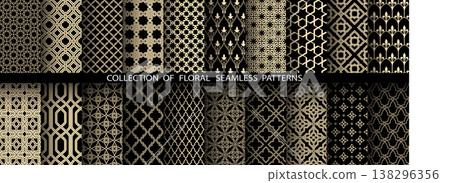 Geometric collection of black and golden patterns. Seamless vector backgrounds. Simple graphics Geometric collection of black and golden patterns. Seamless vector backgrounds. Simple graphics 138296356