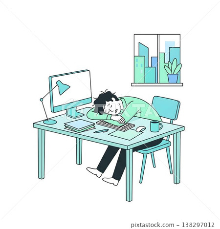 Office workers take a nap at their desks during their lunch break to refresh themselves. 138297012