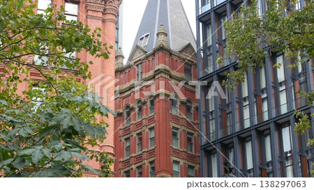New York City urban residential buildings architecture, Manhattan street, USA. Old red brick house. 138297063