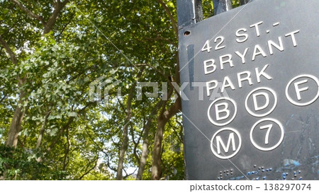 New York City subway station entrance sign, 42 street Bryant Park USA. Manhattan Midtown underground New York City subway station entrance sign, 42 street Bryant Park USA. Manhattan Midtown underground 138297074