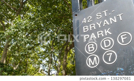 New York City subway station entrance sign, 42 street Bryant Park USA. Manhattan Midtown underground 138297081
