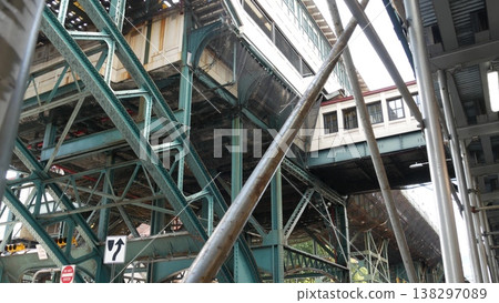 New York 125 street subway metro in Harlem, USA. Manhattan transport. Metro station metallic bridge. New York 125 street subway metro in Harlem, USA. Manhattan transport. Metro station metallic bridge. 138297089