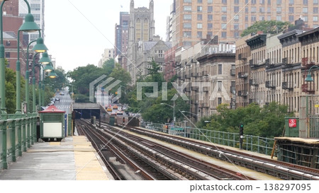 New York City Manhattan subway outdoor station platform, 125 street, elevated metro in Harlem, USA. New York City Manhattan subway outdoor station platform, 125 street, elevated metro in Harlem, USA. 138297095
