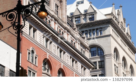 New York City urban residential buildings architecture, Manhattan street, USA. Old house 5 avenue. 138297096