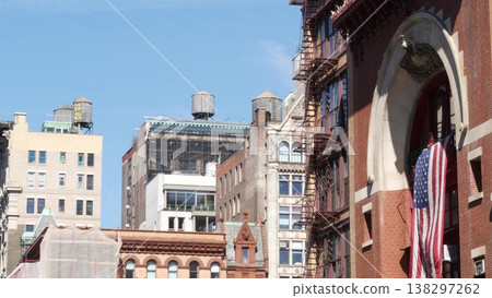 New York City Manhattan historic building architecture 1899, USA flag. Firehouse, Engine Company. New York City Manhattan historic building architecture 1899, USA flag. Firehouse, Engine Company. 138297262